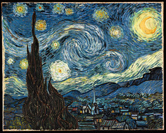 The Starry Night
c. 1889
Artist: van Gogh
Period: Post-Impressionism
Thick short brushstrokes. Shows at one with the forces of nature. Tree looks like green flames reaching into the sky exploding with stars over a placid village. The cypress tree a traditional symbol of death and eternal life.