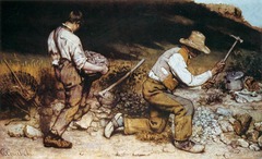 The Stonebreakers by Gustave Courbet; 1851; Realism; before the 1850's there was no such thing as oil paint in tube, before oil paint in the tube was mass produced and before that, artists were tied down to painting in the studio, oil paint in tubes= ability for artists to work outside in different lighting than studio, trying to capture the moment becomes a really big deal (the feeling of naturalism and spontaneity), he's trying to show us that he can capture naturalness
