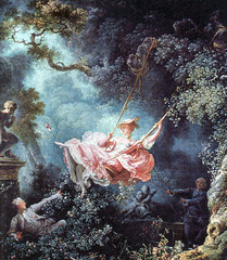 The Swing, Jean-Honore Fragonard, 1767
Style: Rococo
This picture became an immediate success, not merely for its technical excellence, but for the scandal behind it. The young nobleman is not only getting an interesting view up the lady's skirt, but she is being pushed into this position by her priest-lover, shown in the rear. To many this painting embodies the entire spirit of the ancient regime on the eve of revolution. The woman is dressed in a very elegant pink dress like many of the woman in rococo paintings at the time and there is a cupid as a symbol of love between the woman and the lover.
