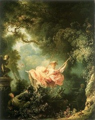 The Swing

Fragonard, Oil on Canvas, 1767

Rococo cause light airyness/playfullness of scene
Light floral motif present throughout the entire painting
Figures are small in a dominant garden, out a Watteau like environment
Atmospheric perspective used to create depth (bigger clearer in front, smaller blurry in back)
Patron in front looking up the skirt of a young lady, who is flirtatiously kicking off her shoe towards the cupid statue
Unsuspecting bishop swings her from behind
Soft application of colors alone contribute to the sensuality of the work