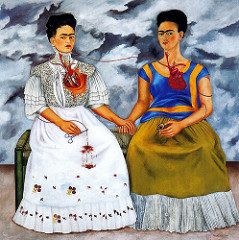 The Two Fridas

Frida Kahlo, 1939, Oil on Canvas

Surrealism
Juxtaposition of two self portraits
Left: Kahlo as a Spanish lady in white lace
Right: Kahlo dressed as a Mexican peasant, stiffness and provincial quality of Mexican folk art serves as direct inspiration
Her two hearts are twined together by veins that are cut by scissors at one end and lead to a portrait of her husband, artist Rivera, at other, painted at the time of their divorce
Barrne landscape, two figures sit agsint wildly active sky
Kahlo rejected the label of Surrealism for her artwork
Vein acts as umbilical cord, symbolically associating Rivera as a husband and son
Blood on her lap suggests many abortions/miscarriages also her surgeris related to her polio
Dual nature of her being with and without Diego