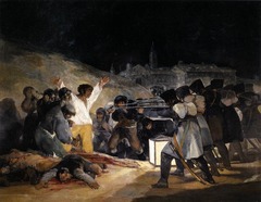 Third of May
c. 1814
Artist: Goya
Period: Spanish Romantic
Execution of Spanish Rebels after a failed uprising against the French. Central Spanish figures is Christ-like with stigmata and pure white clothes.