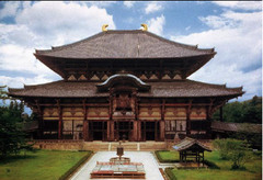 Todai-Ji

Nara, Japan, 743, rebuilt 1700, Wood with ceramic tile roofing

Served as admin center for a branch of temples 
Great Eastern Temple, refres to its location on the eastern edge of the city of Nara, Japan
Noted for its colossal sculpture o seated image of the Vairocana Buddha. 
Temple and Buddha have been razed several times during militray unrest. 
Seven external bays on facade 
Influenced by monumental Chinese sculptures. like Longmen
Largest wooden building in the world.