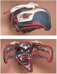 Transformation mask. Kwakwaka'wakw, Northwest coast of Canada. Late 19th century. Wood, paint, and string. 
-ceremonial and worn during dances
-represents and animal, and when the string is pulled, the animal (in this case a bird) changes (in this case the beak splits in half representing the wings), and becomes something else entirely, whether that be a deity, ancestor, or human. 
-Kwakwakawakw were in British Columbia and were separated in numayan (clans), which were responsible for the rights and ranks of the clan