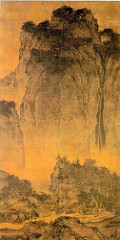 Travelers among Mountains and Streams

Fan Kuan, 1000 C.E., ink/color on silk

Artist isolated himself away from civilization to be with nature and study it, follower of Daoist philosophy
Very complex landscapes, reached height during the Song period 
Different brushstrokes describe different kinds of trees as they have different textures 
Long waterfall on right balanced by mountain on left, waterfall accents the height of the mountain
Not a pure landscape: donkeys laden with firewood driven by two men, small temple appears in forest, man seen as small/insignificant in vast natural world
Mist created by ink washes, silhouette the roofs of the temple
Signature hidden in bushes in lower right
Hanging scroll to be admired