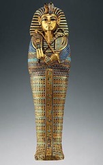 Tutankhamun's tomb, innermost cofffin. Ancient Mediterrean. New Kingdom, 18th dynasty. c. 1323. Gold inlay of enamel and semiprecious stones.
Form: carved in wood, covered in gold has lapis lazuli on it. 3 coffins: crafted in wood and covered in gold with semiprecious stones(lapis lazuli and turquoise). inner cofin made out of gold
Function: coffin of the king
Content: showed the high skill level of ancient egypt
Context: ruled after his father Akhenaten, follower of Amun, only 9 years when he became king, a royal burial ground located on the west bank of the ancient city of Thebes
