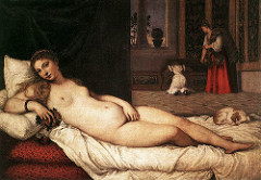 Venus of Urbino by Titian; 1538;The Venus stares straight at the viewer, unconcerned with her nudity. In her right hand she holds a posy of roses whilst she holds her other hand over her genitals. In the near background is a dog, often a symbol of fidelity, The maids in the background are shown rummaging through a similar chest, apparently in search of Venus's clothes. Curiously, given its overtly erotic content, the painting was intended as an instructive 