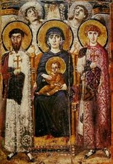 Virgin and child between Saints Theodore and George
Early Byzantine Europe. Six or early seventh century C.E. Encastic on wood.