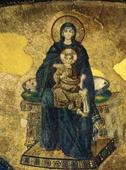 Virgin (Theotokos) and Child enthroned
From Hagia Sophia. Has nimbus. Flat, simple to show the story. Icon and symbolism to show the characters.Drapery is still classical