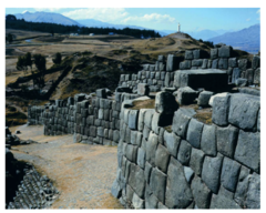 Walls at Saqsa Waman

Complex outside the city of Cusco, peru at head of the Puma shaped plan of the city
Ashlar Masonry
Ramparts contain stones weighing up to 70 tons, brought from quarry 2 miles away