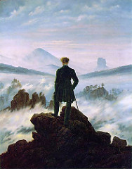 Watching a Sea of Fog, Caspar David Friedrich 1818.
Style: Romanticism
This displays the vast power nature has over man and how man can only look and observe it. Man is often compared along with nature. The mystery of the man's face brings about an ery feeling along with the upcoming fog. It makes the viewer wonder what hes looking at.
