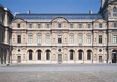 *West facade of the Square Court of the Louvre*
*Pierre Lescot and Jean Goujon*
Paris, France
1546

Paragon of Italian Renaissance architecture in France. 3 stories with engaged pilasters and capitals. Cornice. Steep, triangular roof. Jean Goujon did 3 rounded rectangles, portruding from wall = pavillions. Niches in sculpture are French.