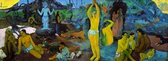 Where do we come from? What are we? Where are we going?

Paul Gauguin, 1897/1898, Oil on Canvas

Painted during his stay in Tahiti
Suffered from poor health/poverty, obessesed with thought of death
Learned of the death of his daughter, deeply shaken, determined to commit suicide and have this painting be his last will and testament
story of life read from right to left
Right: birth, infant three adults
Center: mid-life, picking of fruits of the world
Left: death (figure derived from a peruvian mummy on exhibit in paris)
Figures in foreground represent Tahiti and Eden-like paradise, background figures anguished and dark
Blue idol represents the beyond/heaven
Most of the scene is flat unmodulated areas of color that conveys a sense of lushness and intensity
Rejection of classical influence
Non tradititional influences like, Egyptian figures, Japanese prints in solids fields of color with unusual angels
Tahitian imagery in polynesian idol
Gauguin thought of painting as a summation of his artistic/personal expression