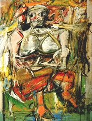 Woman I

William de Kooning, 1950-1952, Oil on Canvas

Abstract Expressionism
Ferocious woman with great fierce teeth and huge eyes
Large bulbous breasts are a satire on women who appear in magazine advertising, smile influenced by an ad of a woman selling Camel cigarettes
Slashing of paint onto canvas, very energetic
Jagged lines create overpowering image
Blank stare, frozen grin
Ambiguous environment, vagueness and sense of insecurity
Combination of stereotypes, ironic comment on the banal and artificial world of advertising
One of a series of 6 woman 
Thick and black lines dominate