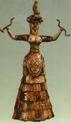 Woman or Goddess with Snakes, from the palace complex at Knossos, c. 1600 BCE, faïence (Minoan Art)