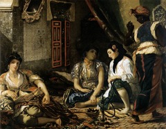 Women of Algiers in their Apartment, Eugene Delacroix, 1834.
Style: Romanticism
This painting depicts foreign women very differently than women have ever been portrayed before. The foreign ideals and differences are shown in the body language, clothing, housing, and the actions. The women are smoking opium and being depicted as less respectful of themselves than other women, they are shown below african people. This starts to show the oriental ideals in western society.