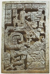 Yaxchilan Lintel 25 Structure 23 

Lintel originally set above the central doorway of structure 23
Building dedicated to Lady Xoc
Lady Xoc at the bottom right invokes the vision serpent to commemorate her husbands rise to the throne
She holds a bowl with bloodletting ceremonial items, stinging spine and bloodstained paper
Vision serpent has two heads, one has warrior coming from mouth, other has Tlaloc, a war god
Inscription written as mirror image, extemely unusual in Mayan script, uncertain meaing, possibly indicating she has a vision from the other side of existence, and she is acting as a shaman
